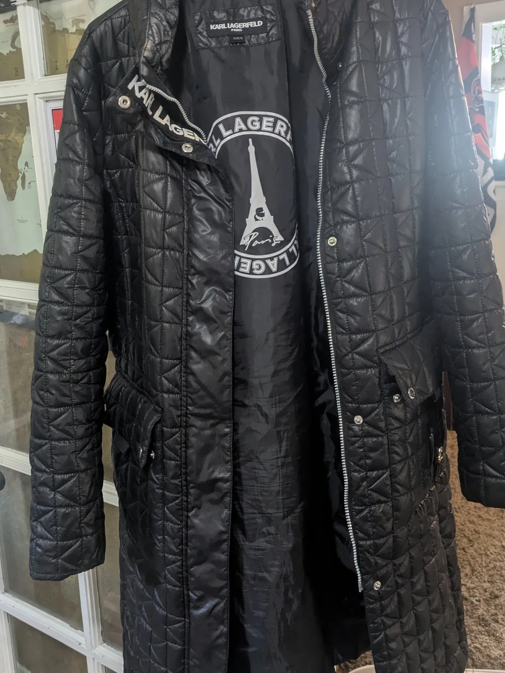 Karl Lagerfeld Women's Size XL Black Quilted Long Coat